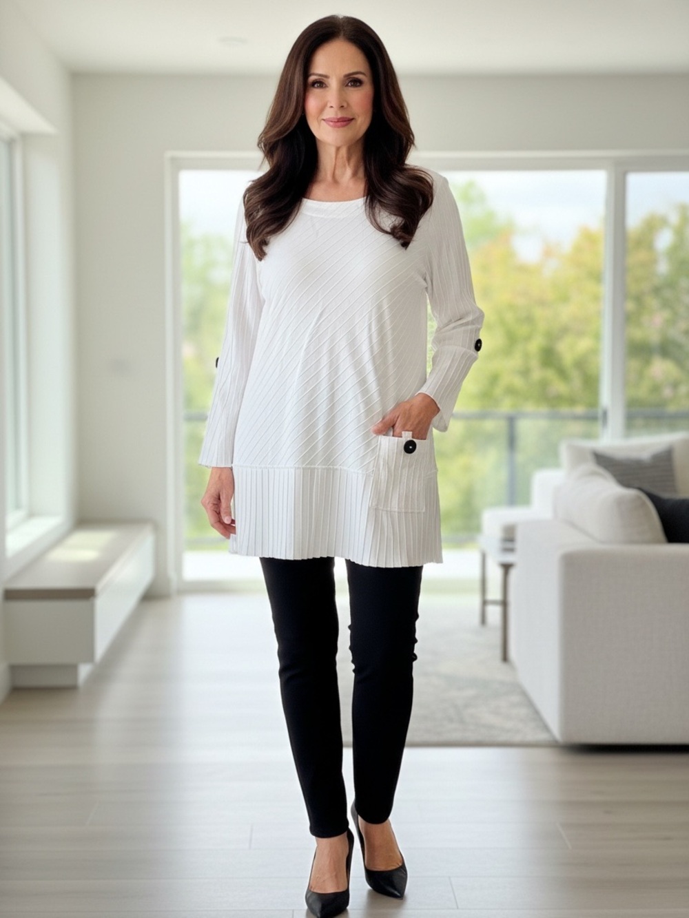 Soft Surroundings White Ribbed Tunic with Pocket Buttons Size L